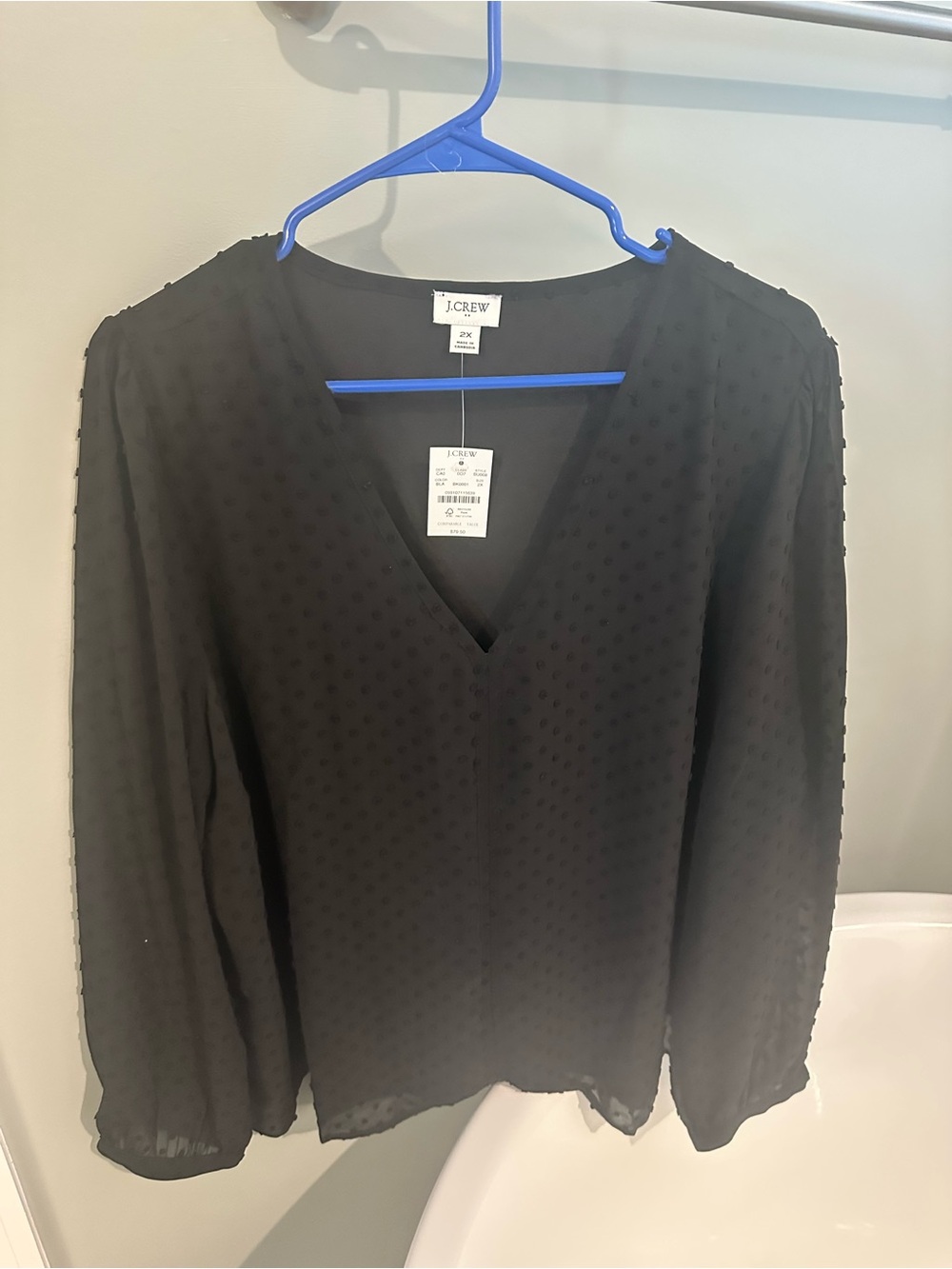 J. Crew Black Swiss Dot V-Neck Long Sleeve Blouse NWT